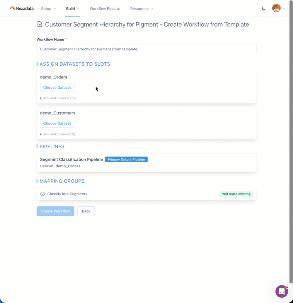 Creating a workflow from a template in Nexadata: the saved template's datasets, pipelines and mapping groups are assigned to slots in the new workspace.